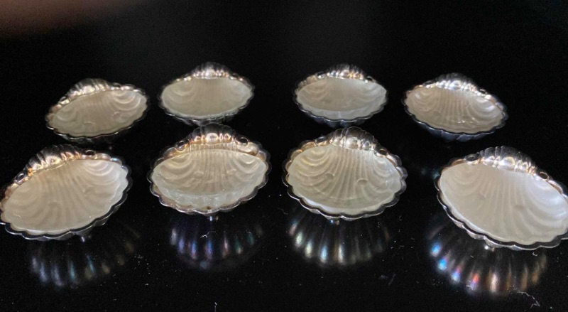 Photo 1 of 8 RARE - 2” VINTAGE SILVER PLATED SHELLS WITH GLASS INSERTS (SALT IR SPICE PLACE SETTINGS AT FORMAL TABLE)