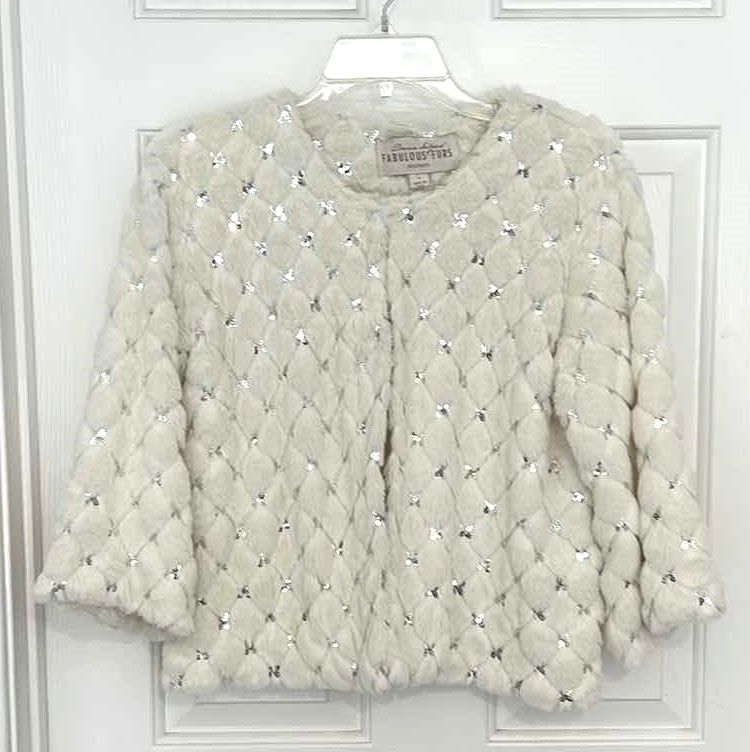 Photo 1 of WOMENS IVORY FAUX FUR WITH SILVER SEQUINS EVENING JACKET SIZE LARGE