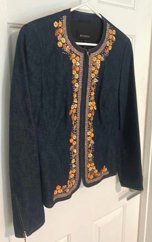 Photo 1 of WOMENS DESIGNER CLOTHING- ESCADA DEEP DENIM BLUE 100% COTTON ZIP UP JACKET WITH FLOWER EMBROIDERY, SEQUINS AND CRYSTALS EUROPEAN SIZE 38