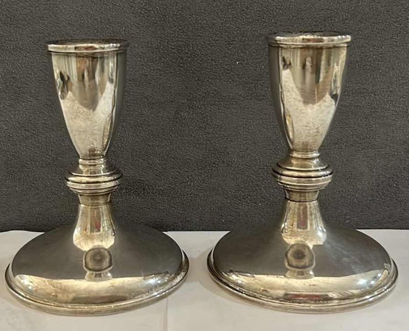 Photo 1 of SILVER CANDLE STICKS - 6TT PREISMER STERLING WEIGHTED 4” x 4.75”