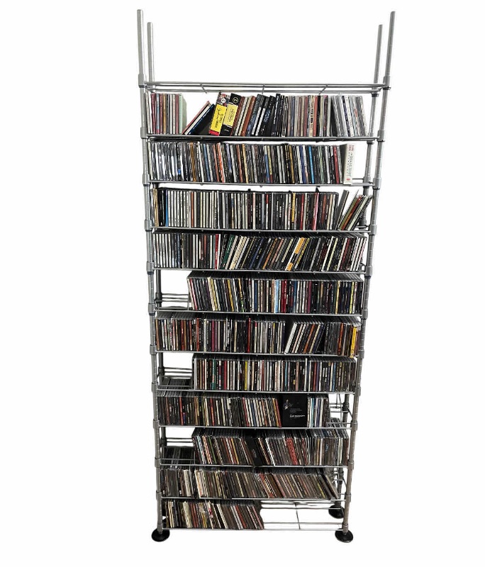 Photo 1 of MUSIC CDS-VARIOUS GENRES 450 PLUS ALBUMS W 12 TIER METAL RACK (READ NOTES)