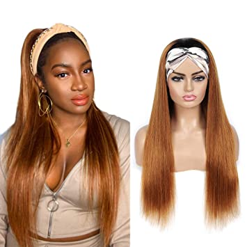 Photo 1 of 1B/30 Blonde Human Hair Straight Headband Wig 1 Piece, Dark Brown Ombre Silky Straight Ombre Brazilian Hair with None Lace Front Wigs for Black Women (18", 1B/30, Straight)
