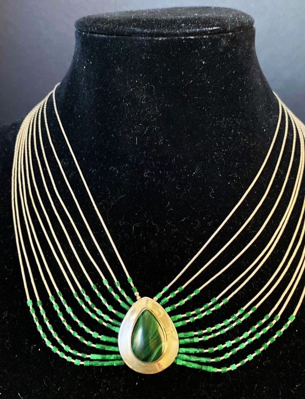 Photo 1 of STERLING LIQUID SILVER DESIGN AND MALACHITE NECKLACE 19”