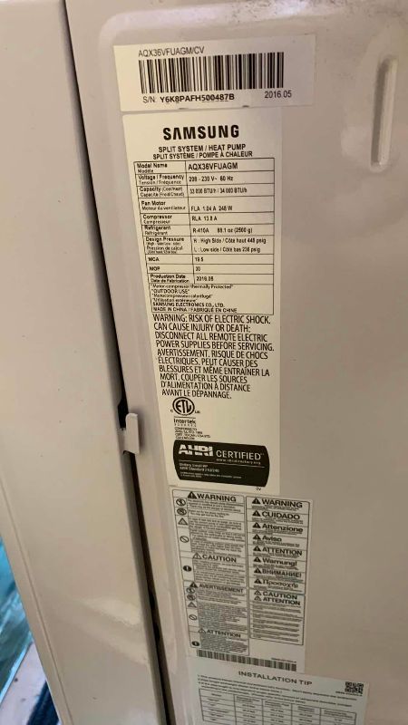 Photo 1 of SAMSUNG 3 TON MINI-SPLIT CONDENSER DIGITAL INVERTER TECHNOLOGY HEAT PUMP AQX36VFUAGM 16” X 37” H 46”