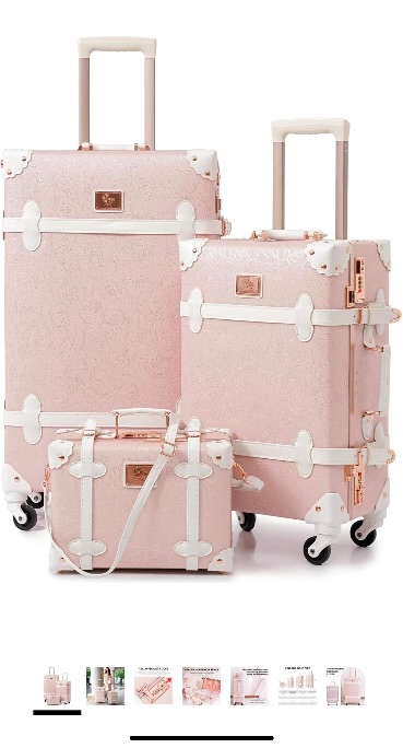 Photo 1 of 3 PCS-URECITY VINTAGE PINK & WHITE HARDSIDE LIGHT WEIGHT SPINNER LUGGAGE W UNDER SEAT TRAIN CASE-PRE-OWNED