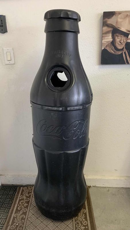 Photo 1 of LARGE COCA COLA PLASTIC BOTTLES AND CANS TRASH RECEPTACLE 18” X 57”