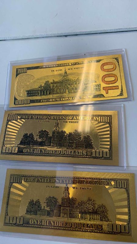 Photo 3 of SET OF THREE U.S. 100 DOLLAR BILLS GOLD TONED TRUMP