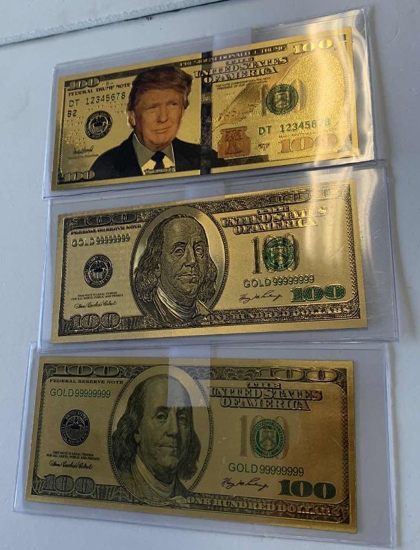 Photo 1 of SET OF THREE U.S. 100 DOLLAR BILLS GOLD TONED TRUMP
