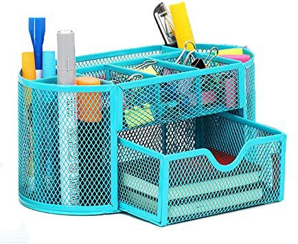 Photo 1 of VANRA Metal Mesh Desk Supply Caddy Desktop Office Supplies Organizer Supply Holder 8 Compartments with Drawer (Blue)

