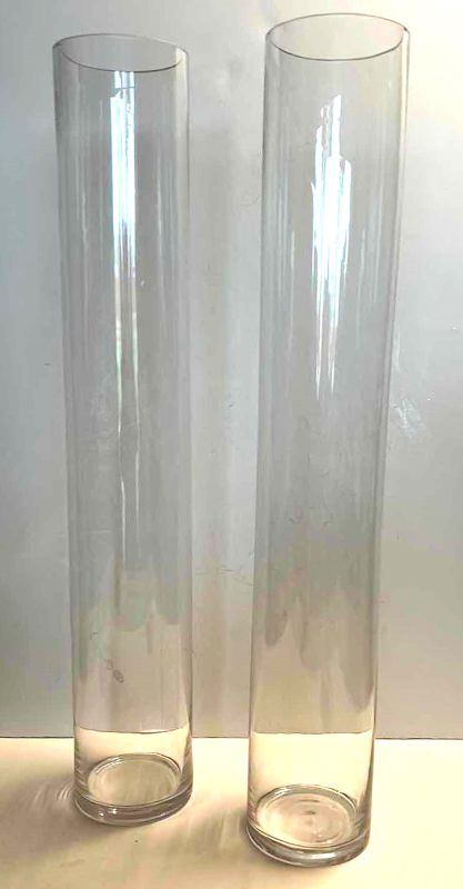 Photo 1 of HOME DECOR- 2 TALL NARROW GLASS VASES 4” x 24”