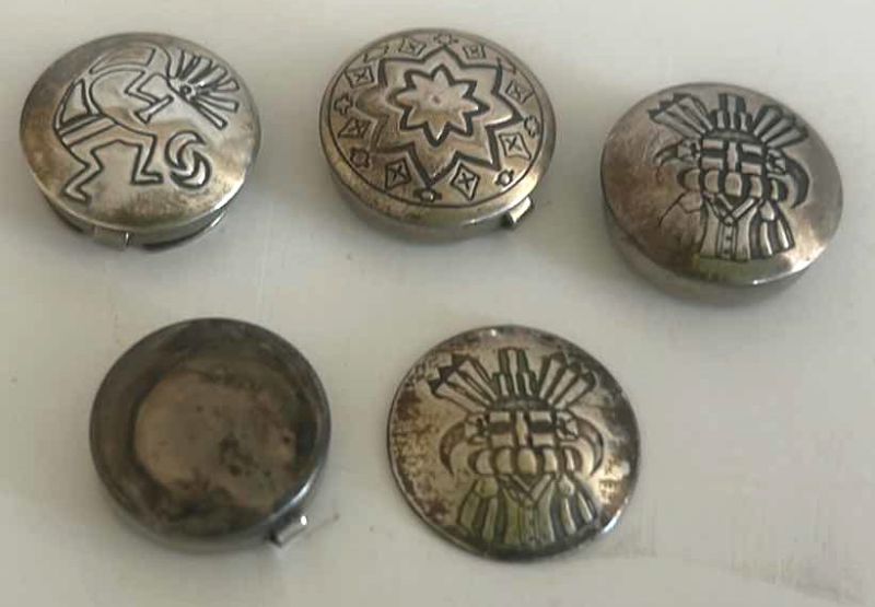 Photo 1 of 4 VINTAGE SOUTHWESTERN STERLING SILVER ROUND HANDMADE BUTTON COVERS (1 NEEDS TO BE REATTACHED)