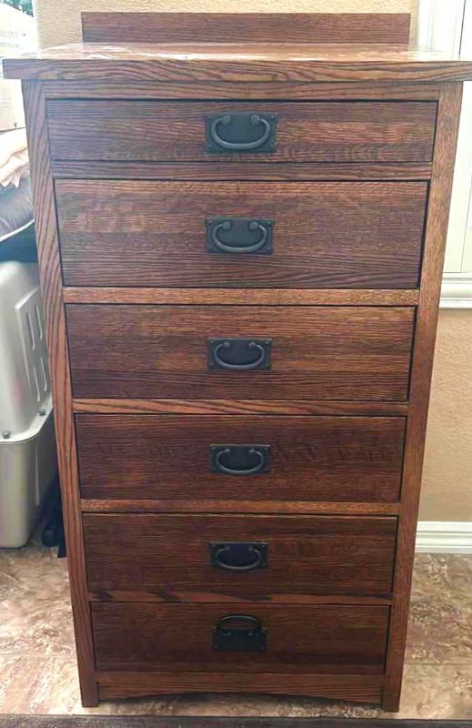 Photo 1 of  MICHAEL’S FURNITURE CRAFTSMAN CEDAR-LINED OAK SIX-DRAWER
2‘ x 18 1/2“ x H 43 3/4”