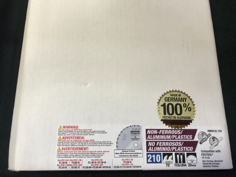 Photo 1 of AGE Series MD210-725 For Festool Track Saw Machine Carbide Tipped Saw Blade 210mm D x 72T TCG, -5 Deg, 30mm Bore for Cutting Aluminum and Plastics FACTORY SEALED 
