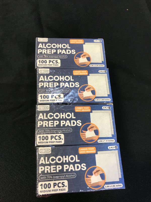 Photo 1 of JJ CARE Alcohol Prep Pads 400 Pack, Medium Individually Wrapped 70% Isopropyl Alcohol Wipes, 2-Ply Alcohol Swabs for First Aid Kit, Home, Clinic Use 4 BOXES OF 100