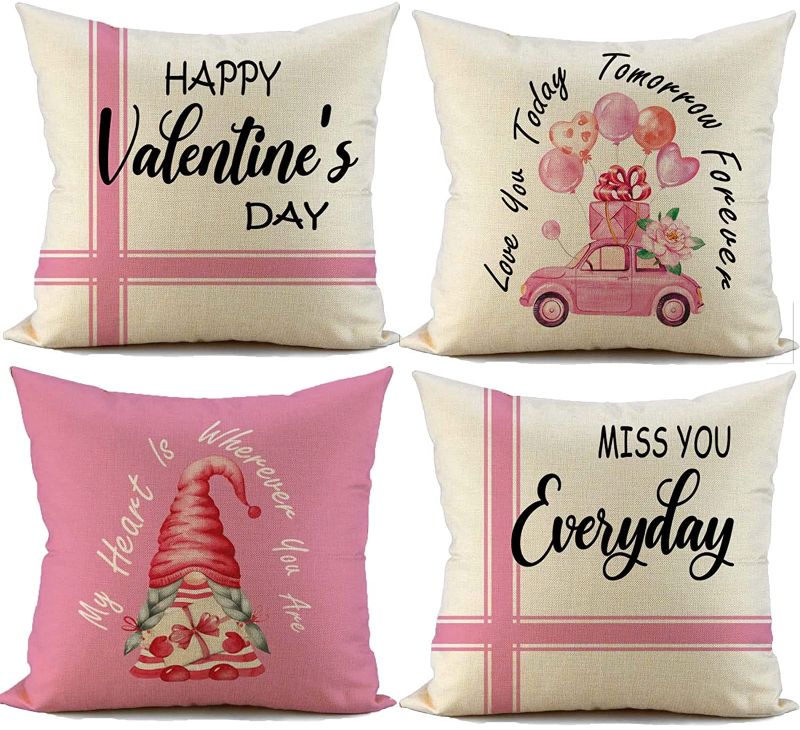 Photo 1 of FIBEROMANCE Valentines Pillow Covers 18 x 18 Inch Gnome Happy Valentine Truck Farmhouse Decorative Cushion Case for Sofa Couch Bedroom Spring Home Decor Cotton Pillowcase Set of 4
