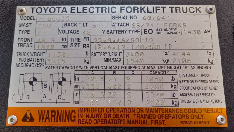 Photo 18 of TOYOTA ELECTRIC FORKLIFT TRUCK MODEL
7FBCU35 8000LB CAPACITY YEAR 2020 48VOLT W 4 LONG FORKS & ENERGIC PLUS BATTERY CHARGER NG-TSSM120-12_48-050 OUTPUT DC 12/24/36/48V 