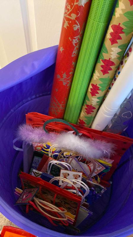 Photo 2 of FABRIC STORAGE CONTAINER OF WRAPPING SUPPLIES, BAGS, PAPER AND RIBBON