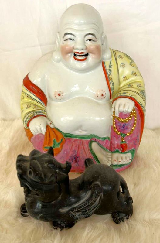 Photo 1 of PORCELAIN BUDDHA AND FOO DOG BOTH STAMPED TALLEST H11”