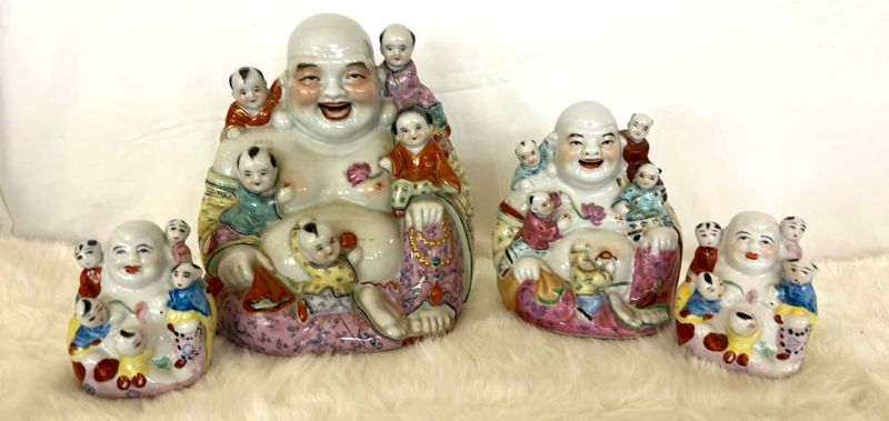 Photo 1 of 4 PORCELAIN LAUGHING BUDDHAS TALLEST 10”