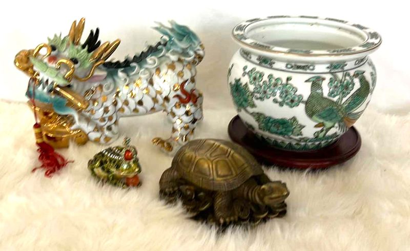 Photo 1 of 4 PC ASIAN DECOR - FOO DOG, CERAMIC POTTERY 7” x 5” AND MORE