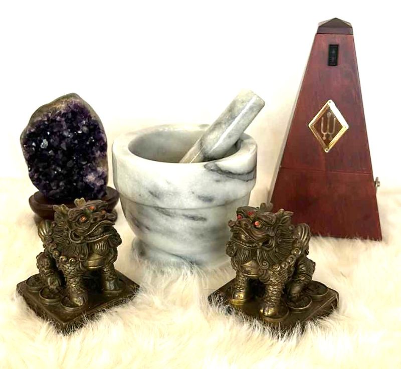 Photo 1 of ASIAN DECOR AND MORE -  MARBLE MORTAR AND PESTLE 5" X 5.5", FOO DOGS AND MORE