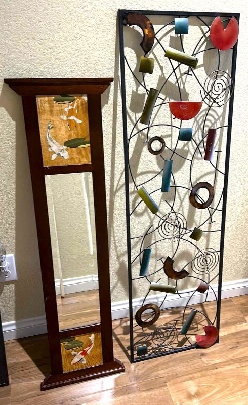 Photo 1 of 2 PCS WALL DECOR - METAL SCULPTURE AND MIRROR (TALLEST 14” x 47”)