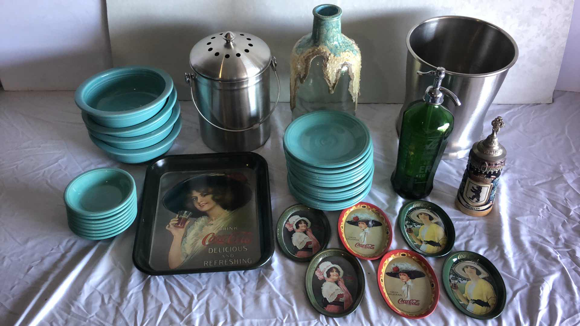 Photo 7 of KITCHEN ASSORTMENT - COLLECTIBLE COCA COLA SELTZER BOTTLE AND PLATES, METAL VESSELS, 14 PLATES AND 12 BOWLS