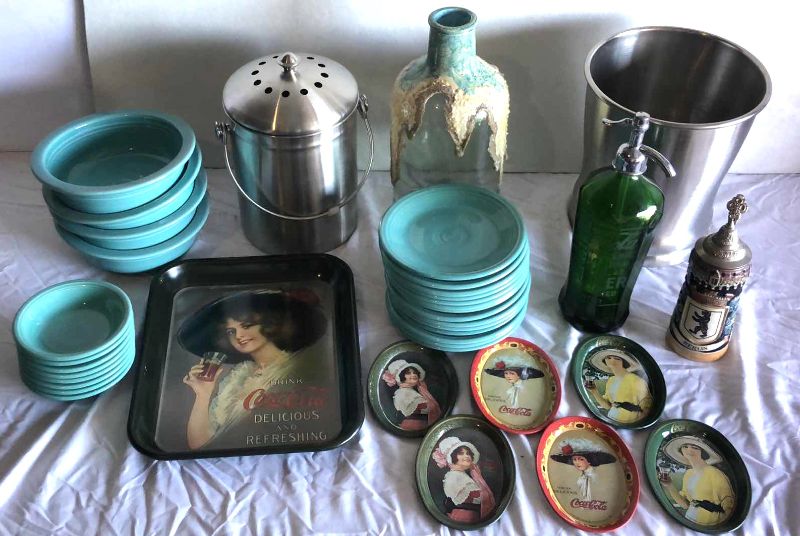 Photo 1 of KITCHEN ASSORTMENT - COLLECTIBLE COCA COLA SELTZER BOTTLE AND PLATES, METAL VESSELS, 14 PLATES AND 12 BOWLS