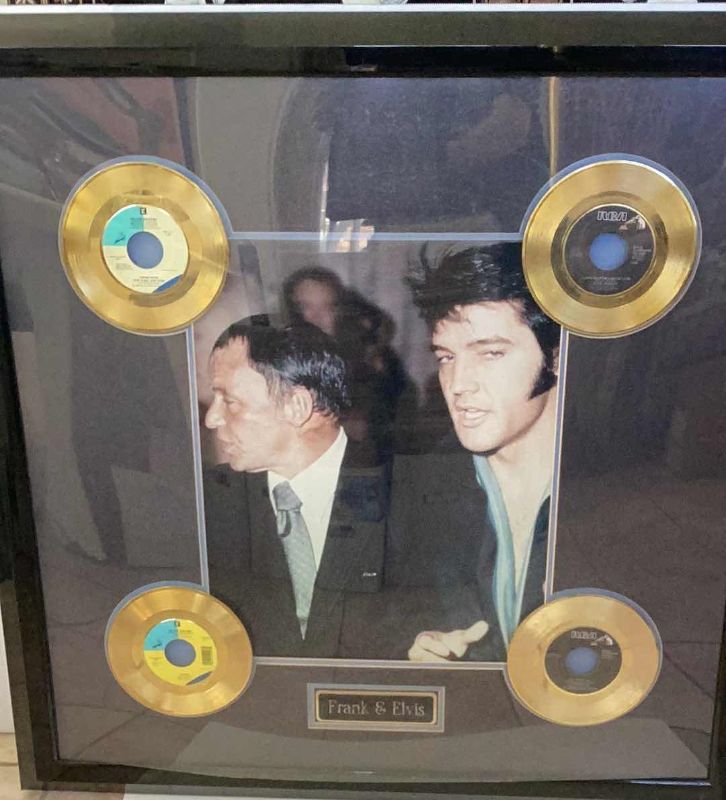 Photo 1 of ELVIS AND FRANK SINATRA 45 GOLD RECORD DISPLAY CASE: ALL SHOOK UP, CAN,T HELP FALLING IN LOVE, THEME FROM NEW YORK, NEW YORK, AND CYCLES 36” X H 36”