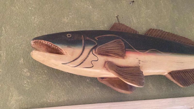 Photo 3 of LARGE WOODEN SALMON 48” X H 13” AND BEARS HUNTING PICTURE 21” X H 18”
