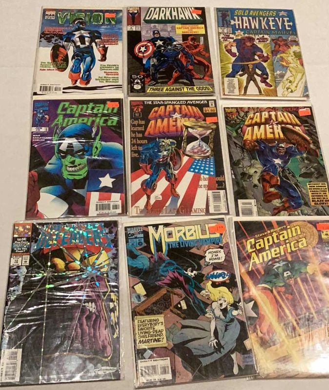 Photo 1 of NINE COMICS:CAPTAIN AMERICA, MORBIUS, HAWKEYE