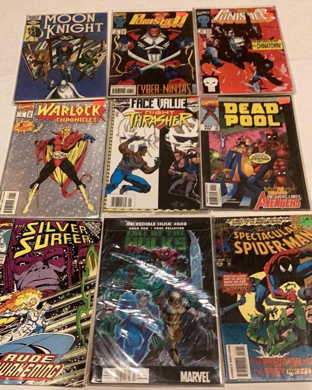 Photo 1 of NINE COMICS: SPIDER-MAN HULK,WARLOCK #1, DEAD POOL