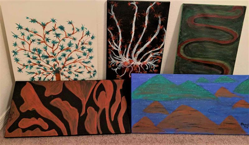 Photo 1 of STRETCHED CANVAS PAINTED ARTWORK ABSTRACT SIGNED PITSICALIS  4-,12” x 24” 1- 18” x 24”