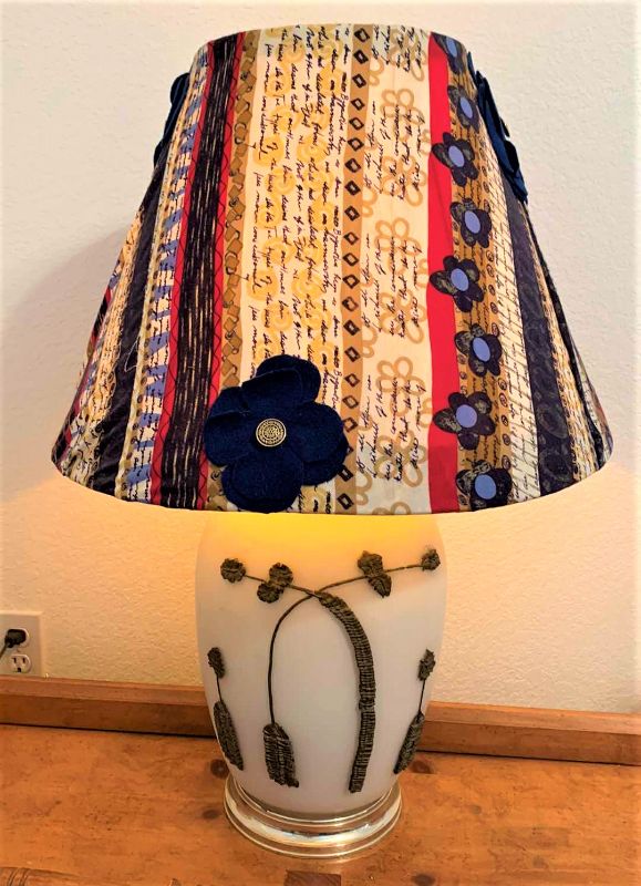 Photo 1 of VINTAGE TABLE LAMP W EMBELLISHED FABRIC AND FELT SHADE H28”