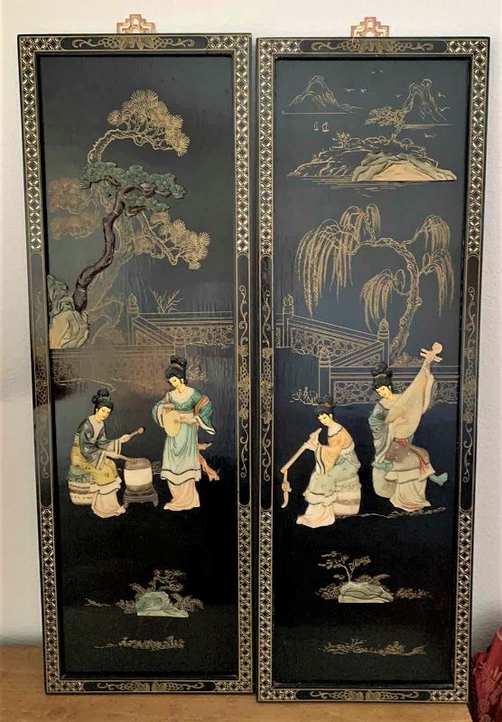 Photo 1 of ARTWORK 2 ASIAN PANELS, WOOD AND LACQUER/ENAMEL. 12” x 36”