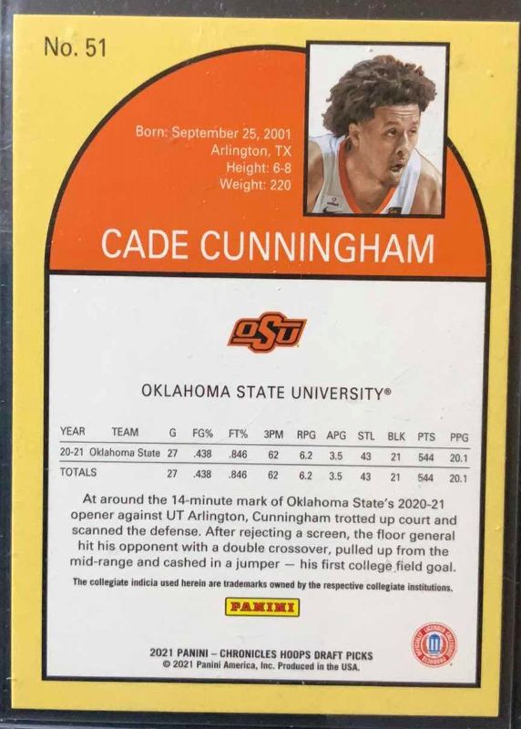 Photo 2 of 2021 PANINI CHRONICLES DRAFT CADE CUNNINGHAM ROOKIE CARD