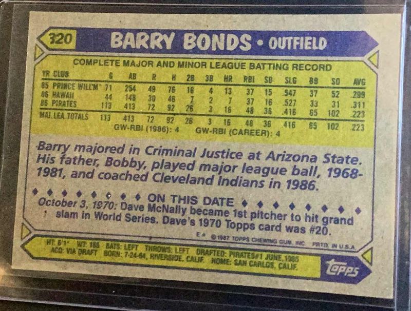 Photo 2 of 1987 BARRY BONDS ROOKIE ERROR CARD #320