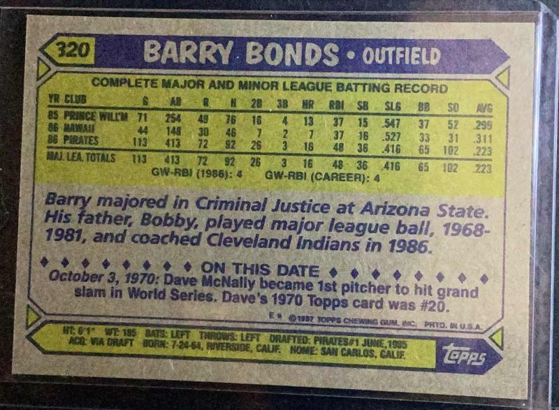 Photo 2 of 1987 BARRY BONDS ROOKIE ERROR CARD #320