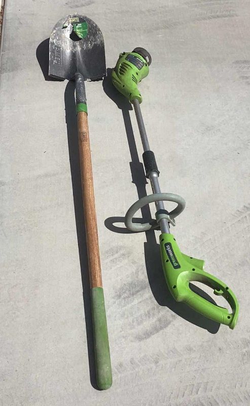 Photo 1 of GREENWORKS ELECTRIC TRIMMER AND AMES HAND PADDED SHOVEL