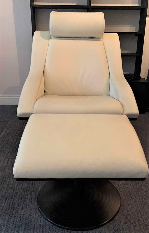 Photo 1 of MODERN DESIGNER CREAM LEATHER SWIVEL LOUNGE CHAIR W MATCHING OTTOMAN