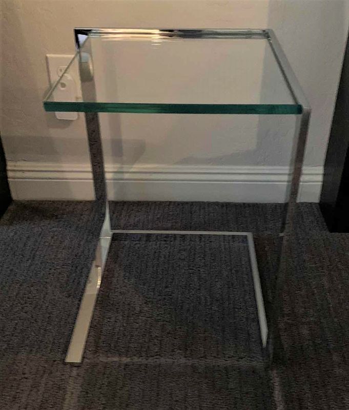 Photo 6 of DESIGNER HEAVY TEMPERED GLASS AND CHROME SIDE TABLE 16” x 16” H21.5”