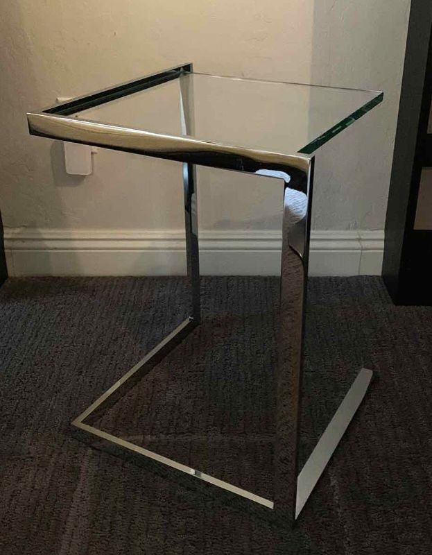 Photo 1 of DESIGNER HEAVY TEMPERED GLASS AND CHROME SIDE TABLE 16” x 16” H21.5”