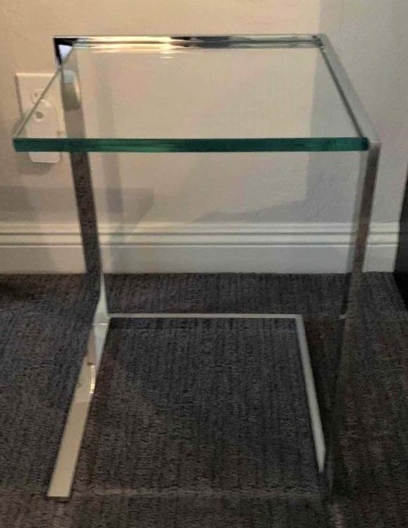 Photo 2 of DESIGNER HEAVY TEMPERED GLASS AND CHROME SIDE TABLE 16” x 16” H21.5”