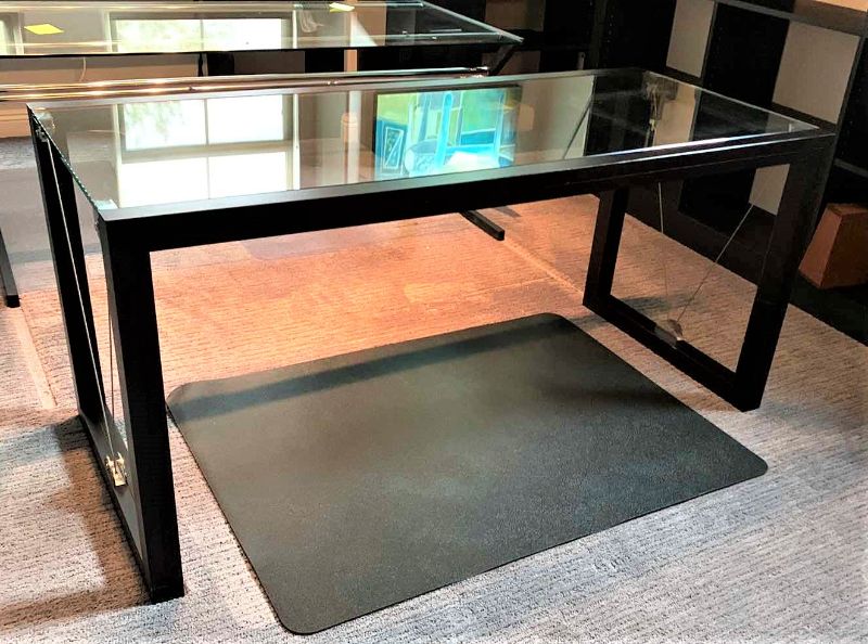 Photo 1 of DESIGNER BLACK MODERN TEMPERED GLASS W POLISHED CHROME DESK 63” x 28” (INCLUDES FLOOR PAD)