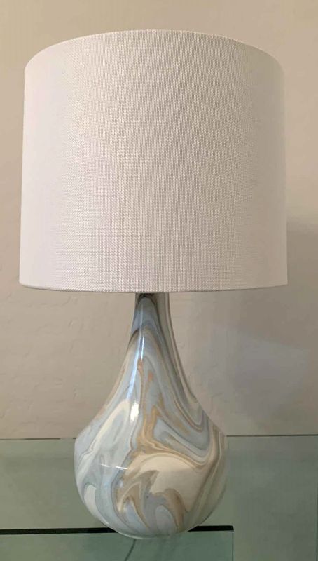 Photo 1 of DESIGNER CERAMIC BLUE MARBLED TABLE LAMP W WHITE SHADE H23”