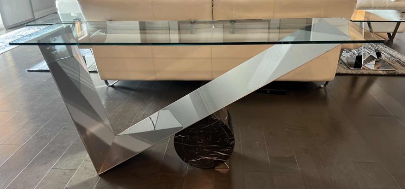 Photo 1 of HIGH-END DESIGNER MODERN GLASS TOP W CHROME AND BLACK MARBLE BASE SOFA TABLE 63” x 20” H30”