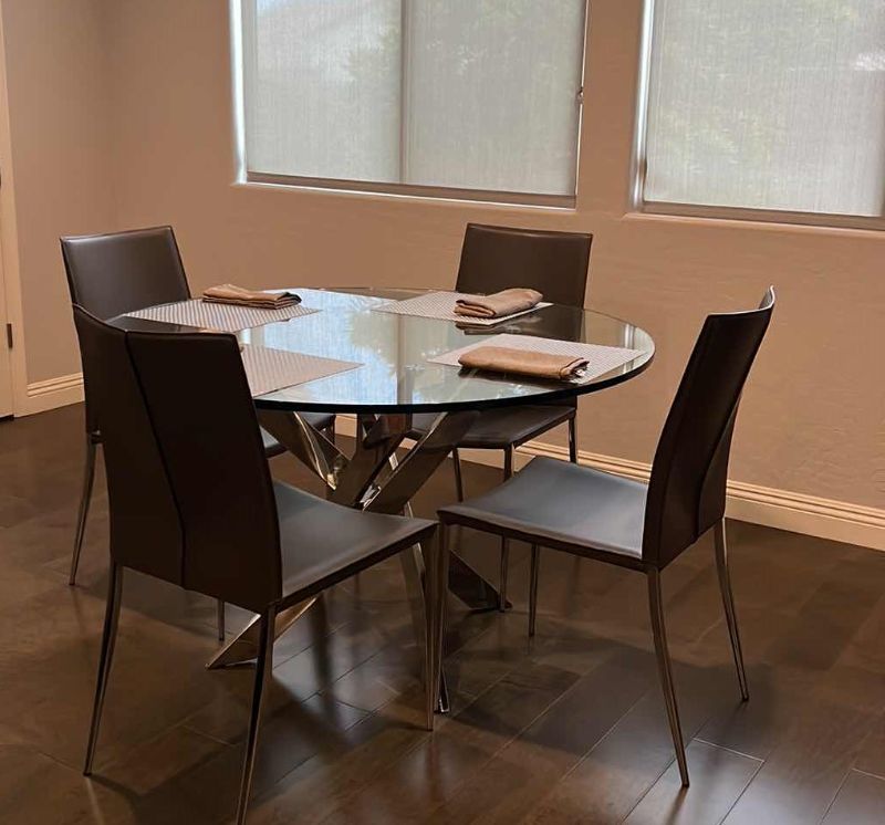 Photo 1 of DESIGNER KITCHEN TABLE W THICK GLASS TOP AND CHROME BASE W 4-SIDE CHAIRS