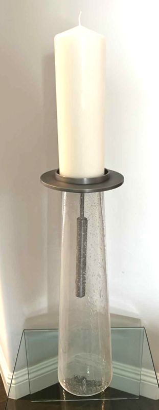 Photo 1 of GLOBAL VIEWS ELEGANT MINIMALIST SEEDED GLASS PILLAR CANDLE HOLDER H19" W CANDLE H34”