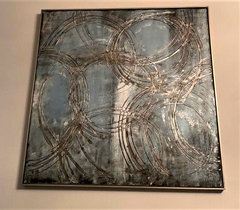 Photo 1 of FRAMED ARTWORK, BLUE WHITE SILVER TEXTURED ABSTRACT 46” x 46”