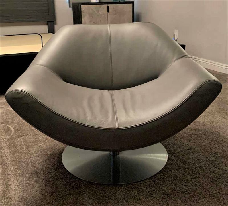Photo 1 of DESIGNER ROCHE BOBOIS GRAY LEATHER SWIVEL LOW SEATING OCCASIONAL CHAIR W POLISHED CHROME BASE